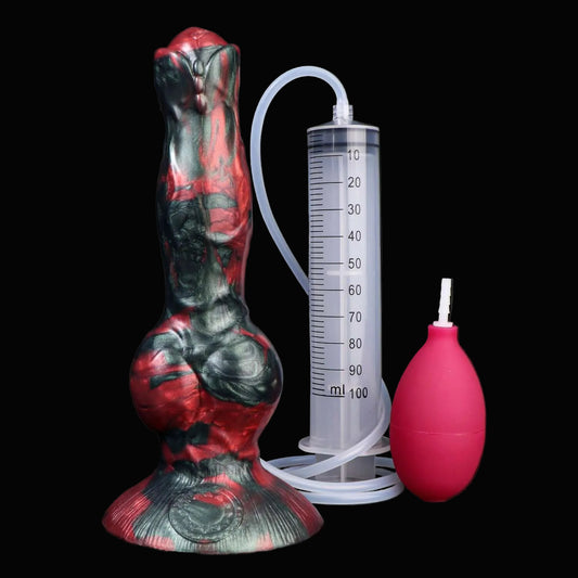 Cerberus ejaculating dildo -- Crimson Chaos colourway -- platinum silicone -- Dragon Dildo®