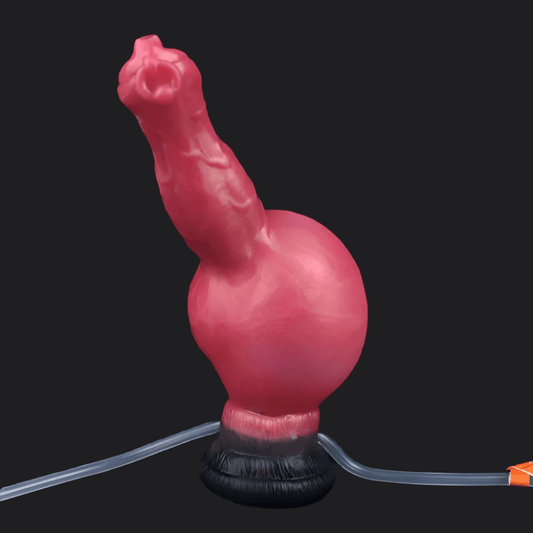 Sköll ejaculating inflatable wolf dildo, knot detail -- Shadowflame colourway -- platinum silicone -- Dragon Dildo®